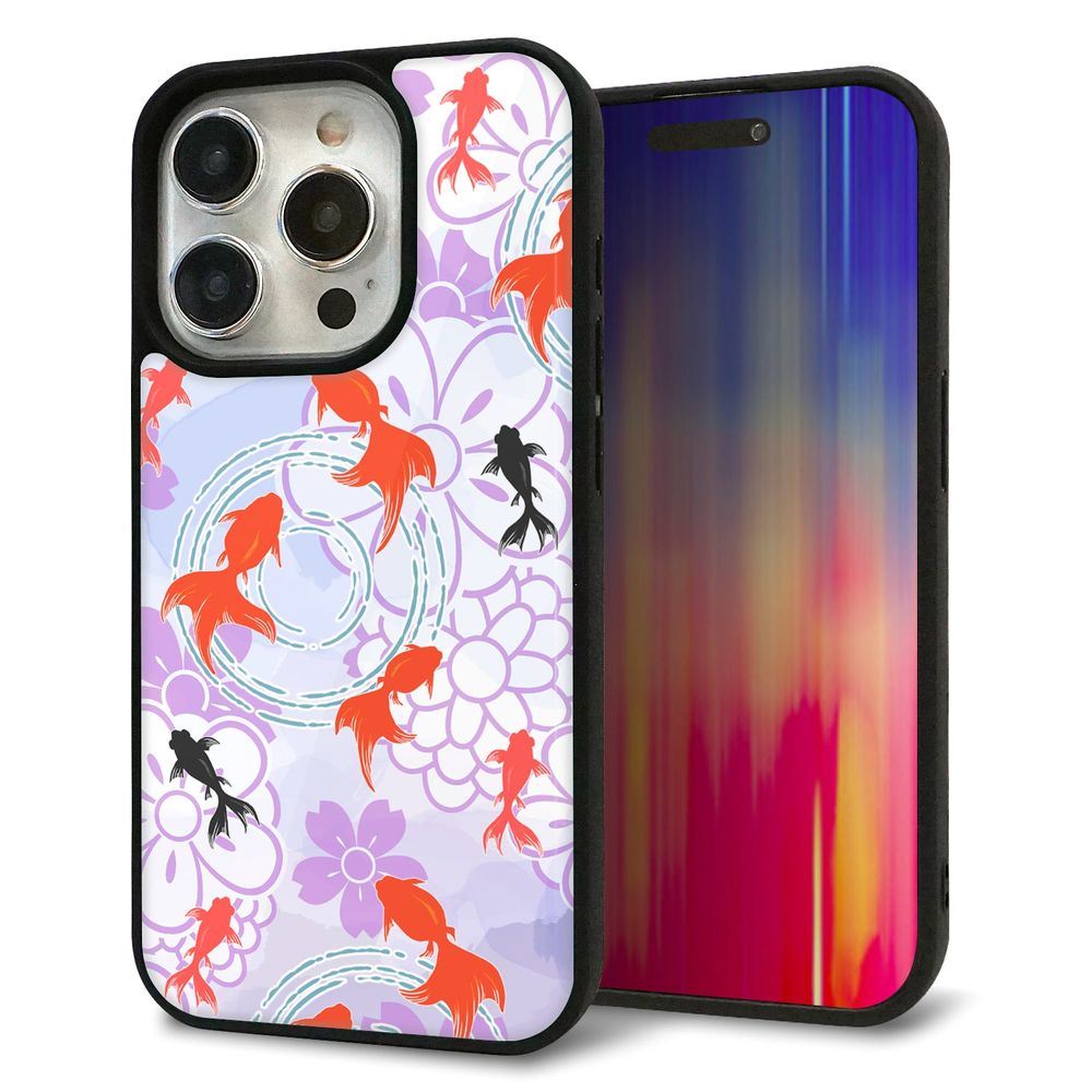 iPhone 15 Pro 強化ガラス＆TPUスマホケース ガラプリ【HA214 金魚 花柄 パープル】