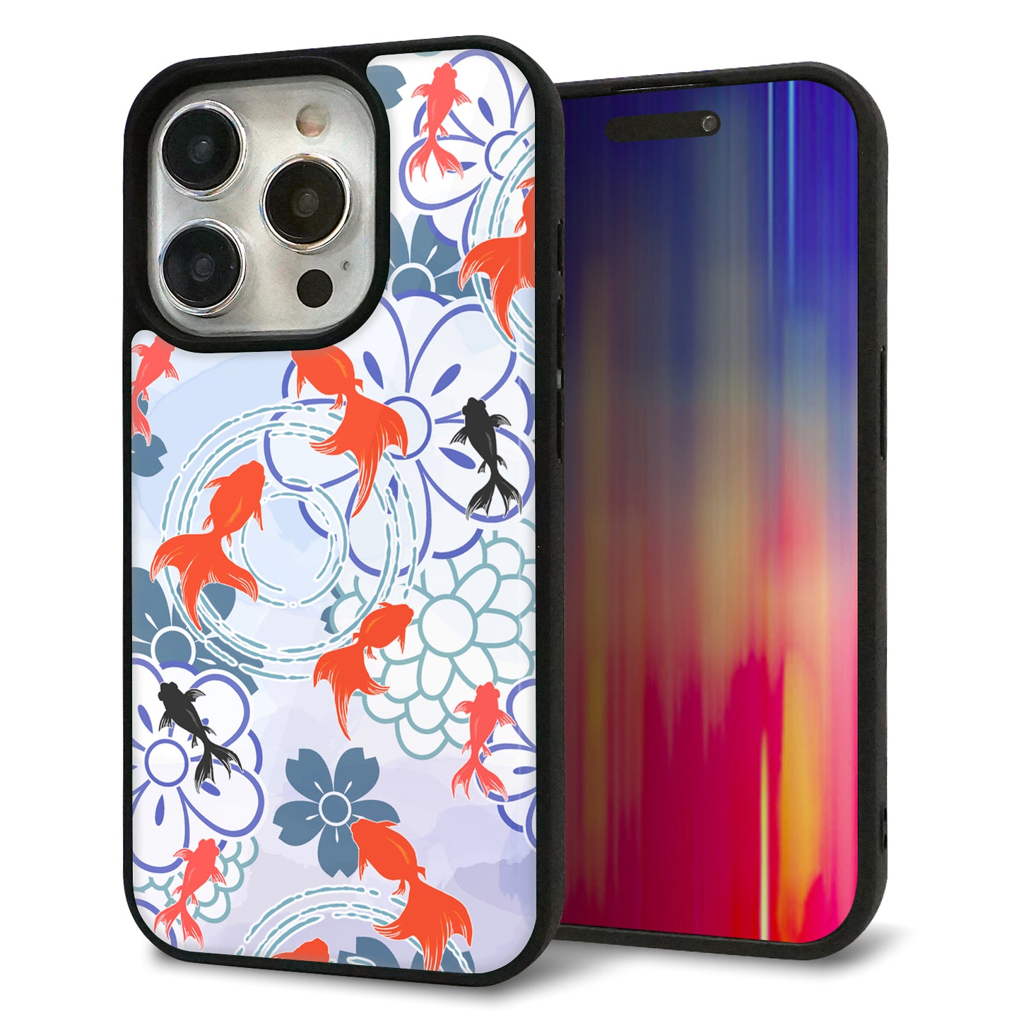 iPhone15 Pro 強化ガラス＆TPUスマホケース ガラプリ【HA215 金魚 花柄 ブルー】