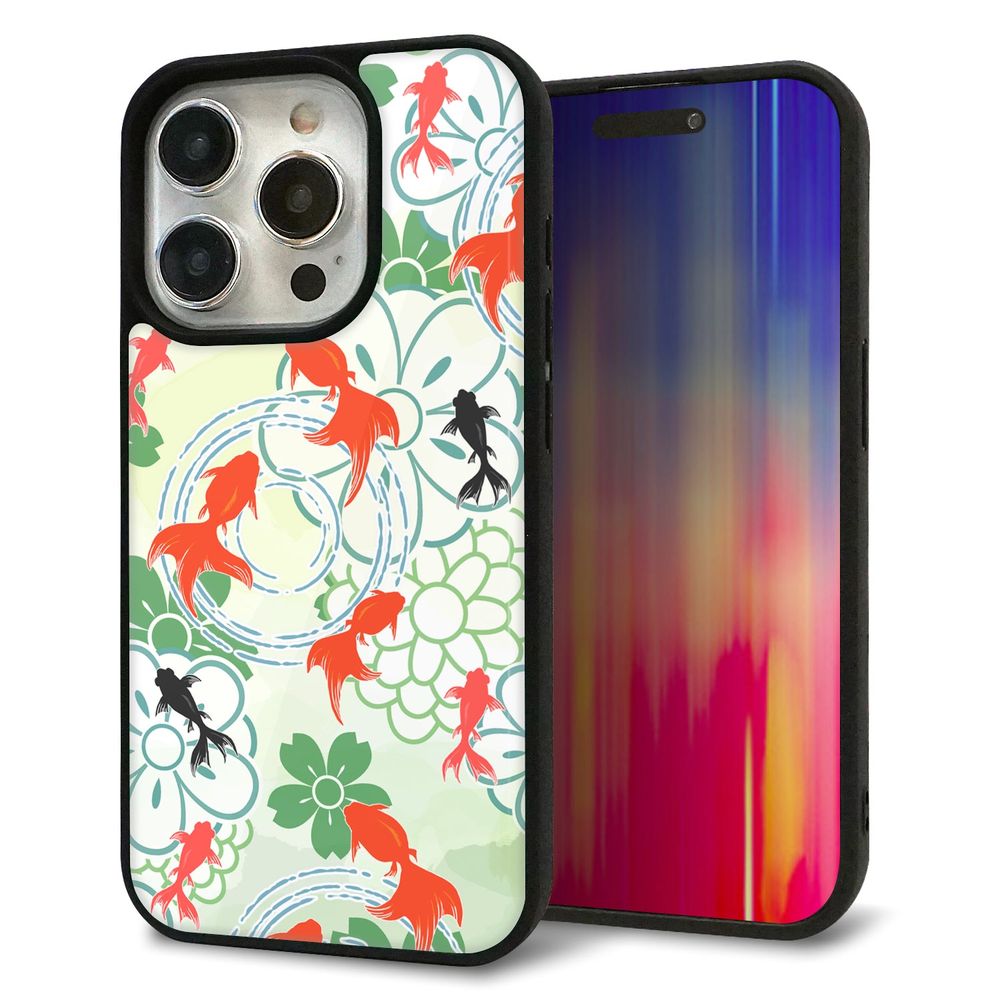 iPhone 15 Pro 強化ガラス＆TPUスマホケース ガラプリ【HA218 金魚 花柄 グリーン】