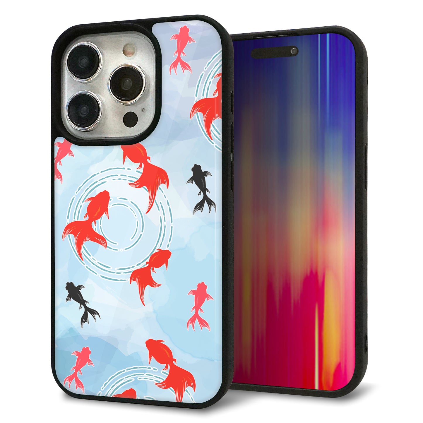 iPhone15 Pro 強化ガラス＆TPUスマホケース ガラプリ【HA226 金魚 水彩 ブルー】