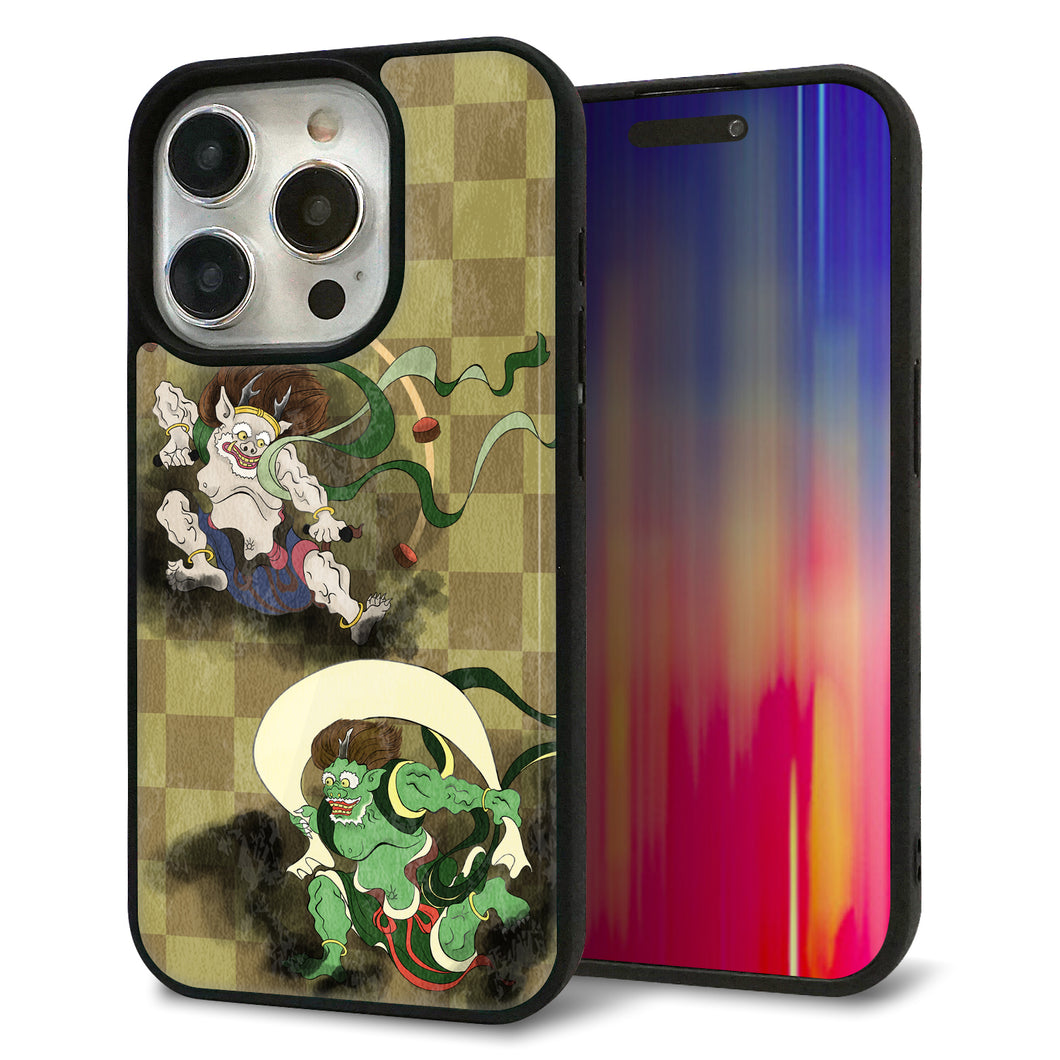 iPhone15 Pro 強化ガラス＆TPUスマホケース ガラプリ【HA236 風神雷神 金市松】