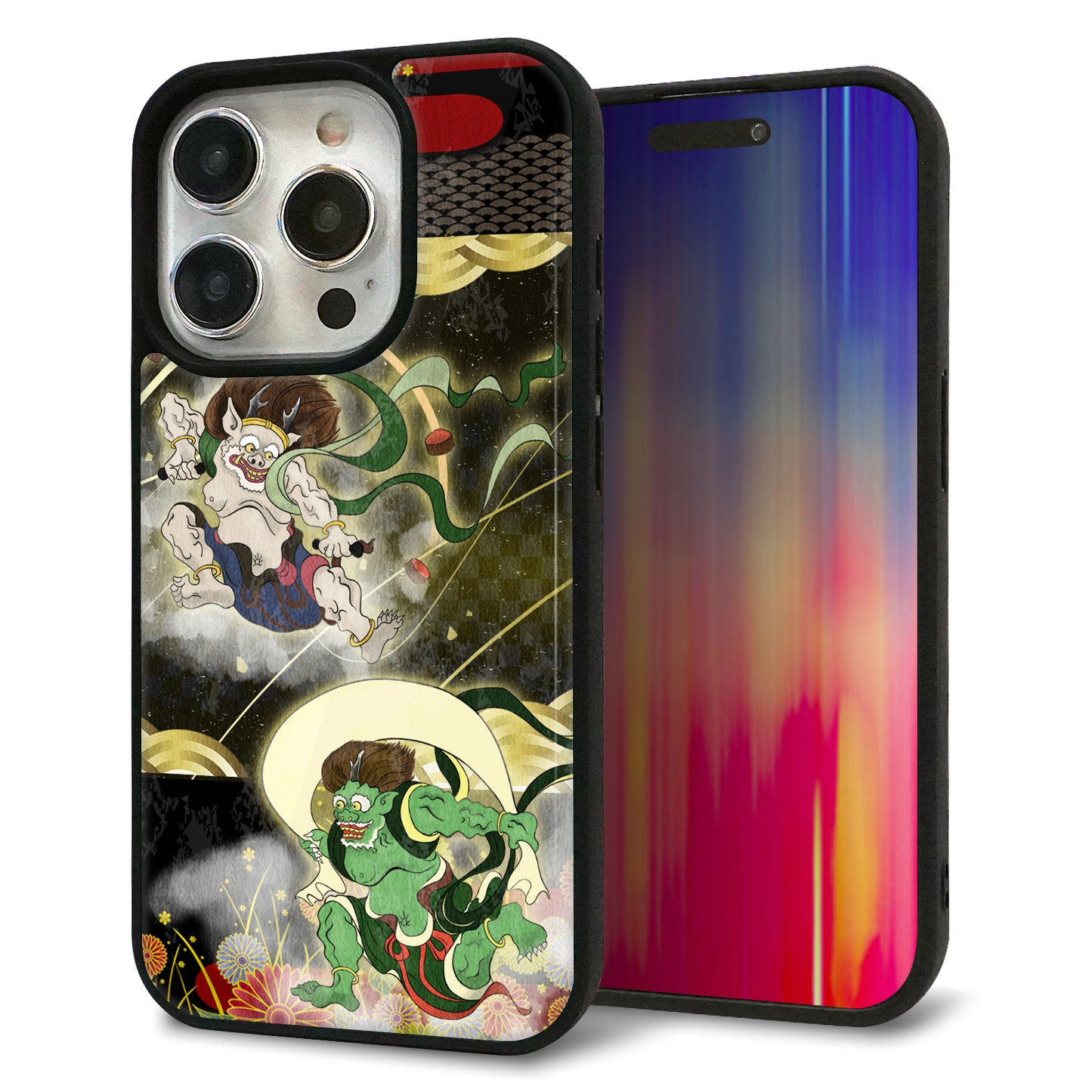 iPhone15 Pro 強化ガラス＆TPUスマホケース ガラプリ【HA238 風神雷神 和柄】