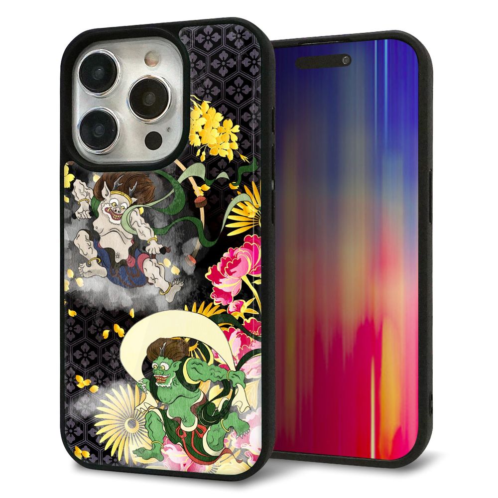 iPhone 15 Pro 強化ガラス＆TPUスマホケース ガラプリ【HA239 風神雷神 牡丹】