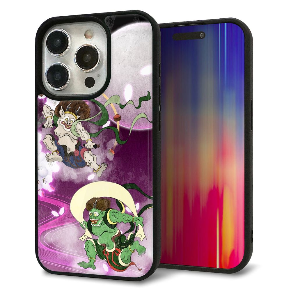 iPhone 15 Pro 強化ガラス＆TPUスマホケース ガラプリ【HA240 風神雷神 紫の月と桜】