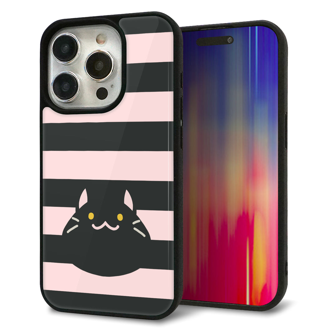 iPhone15 Pro 強化ガラス＆TPUスマホケース ガラプリ【HA249 もちねこ クロ】