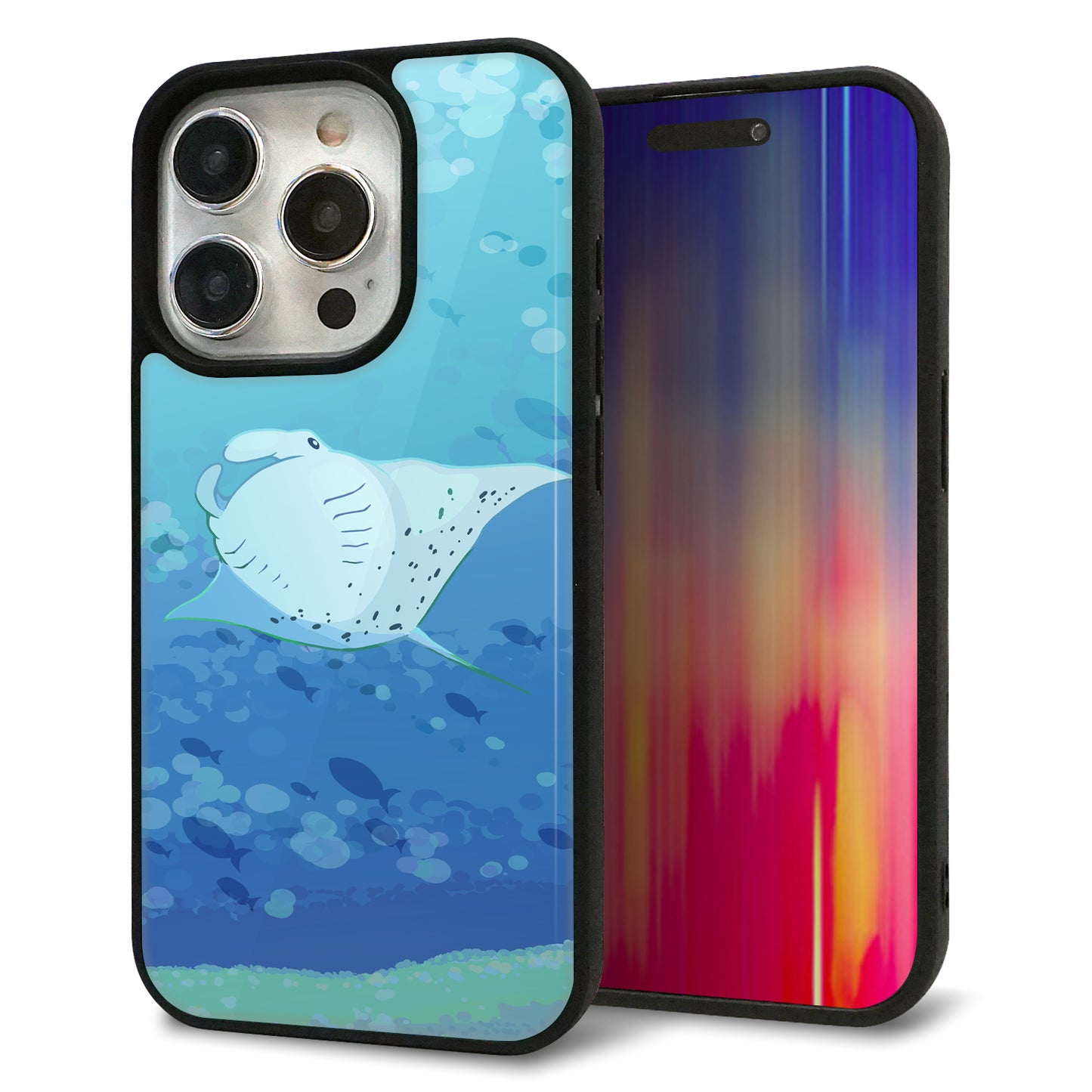 iPhone15 Pro 強化ガラス＆TPUスマホケース ガラプリ【HA258 ポケットアクアリウム マンタ】