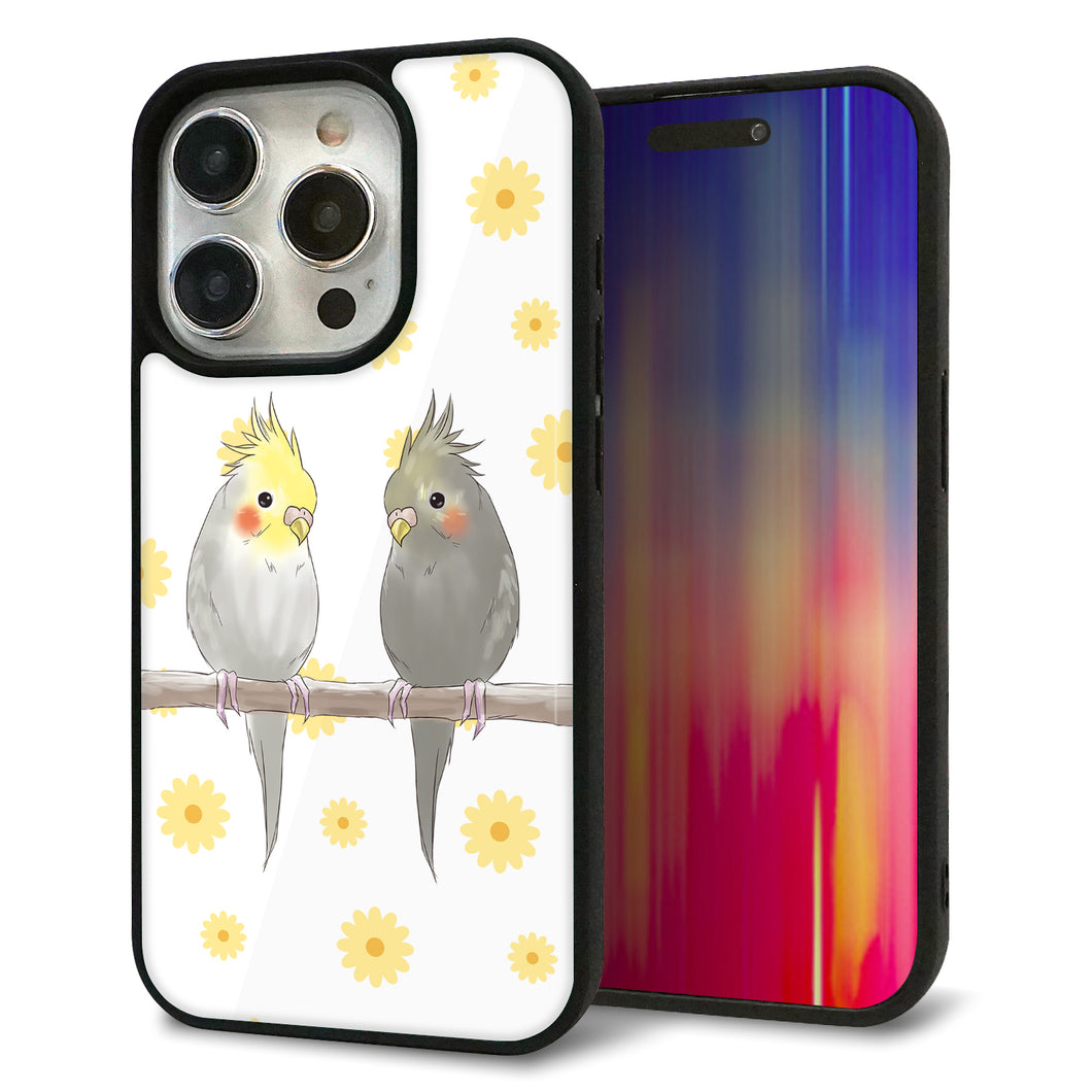 iPhone15 Pro 強化ガラス＆TPUスマホケース ガラプリ【HA274 オカメインコ 花】