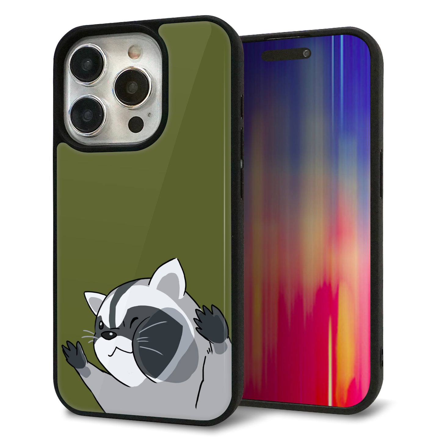 iPhone15 Pro 強化ガラス＆TPUスマホケース ガラプリ【HA303 むぎゅっとアライグマ】