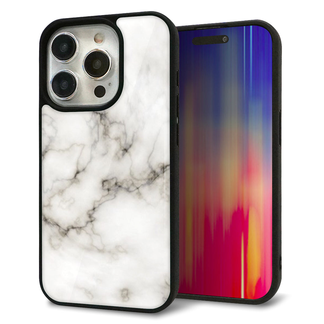iPhone15 Pro 強化ガラス＆TPUスマホケース ガラプリ【KM871 大理石WH】