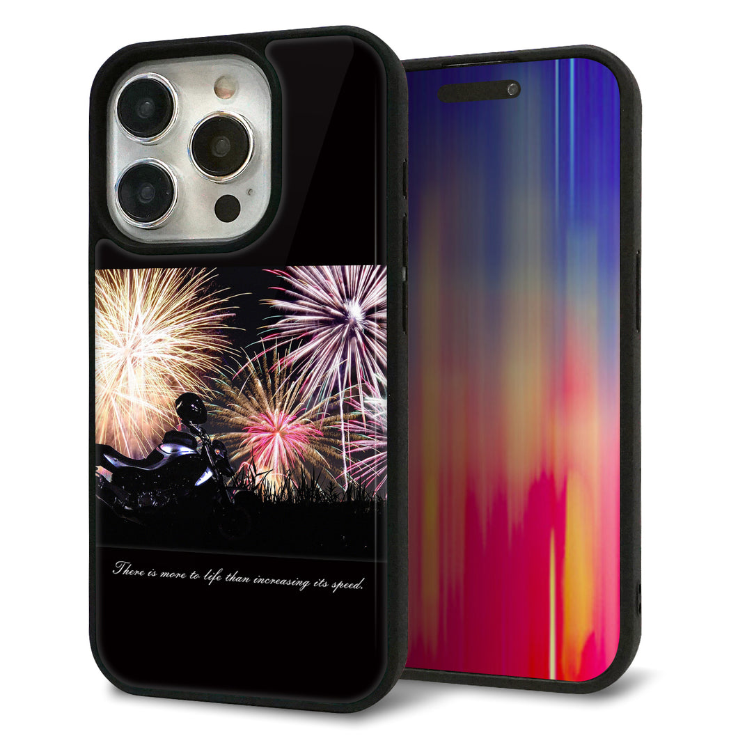 iPhone15 Pro 強化ガラス＆TPUスマホケース ガラプリ【KM878 バイクと花火】