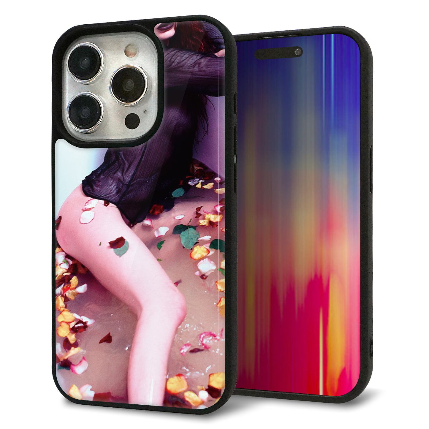 iPhone15 Pro 強化ガラス＆TPUスマホケース ガラプリ【KM885 バラ風呂】