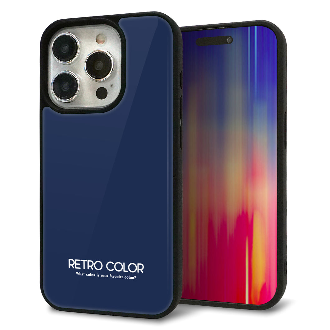 iPhone15 Pro 強化ガラス＆TPUスマホケース ガラプリ【KM918 レトロカラー(ネイビー)】