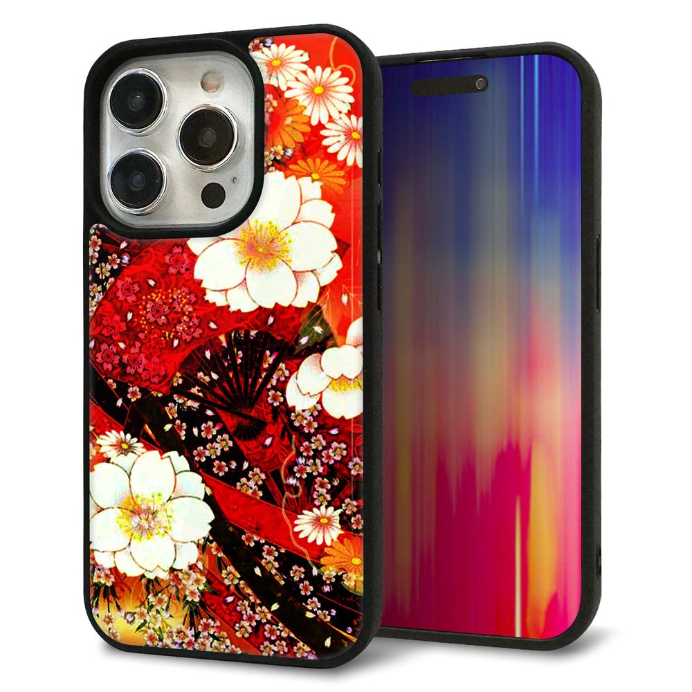 iPhone 15 Pro 強化ガラス＆TPUスマホケース ガラプリ【MA960 和柄 花 B】