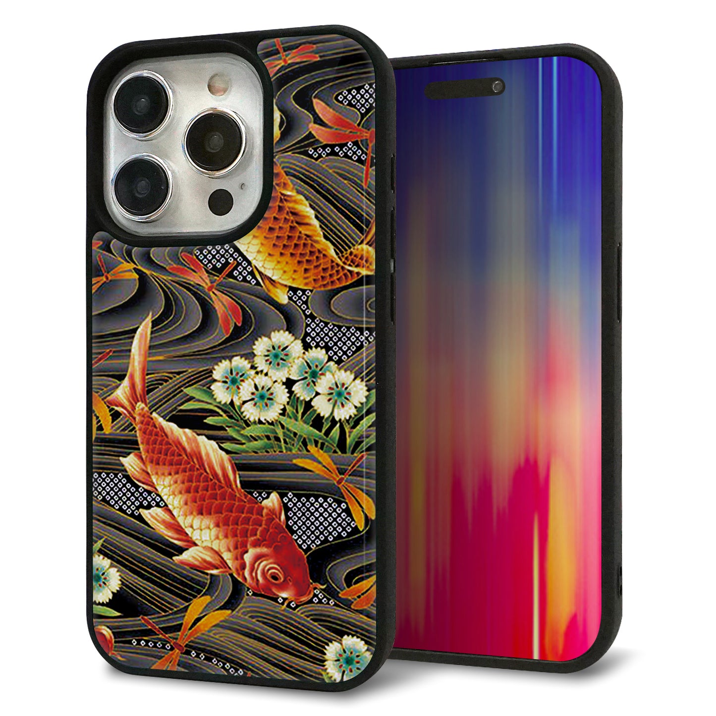 iPhone15 Pro 強化ガラス＆TPUスマホケース ガラプリ【MA963 着物柄 鶴鯉 A】