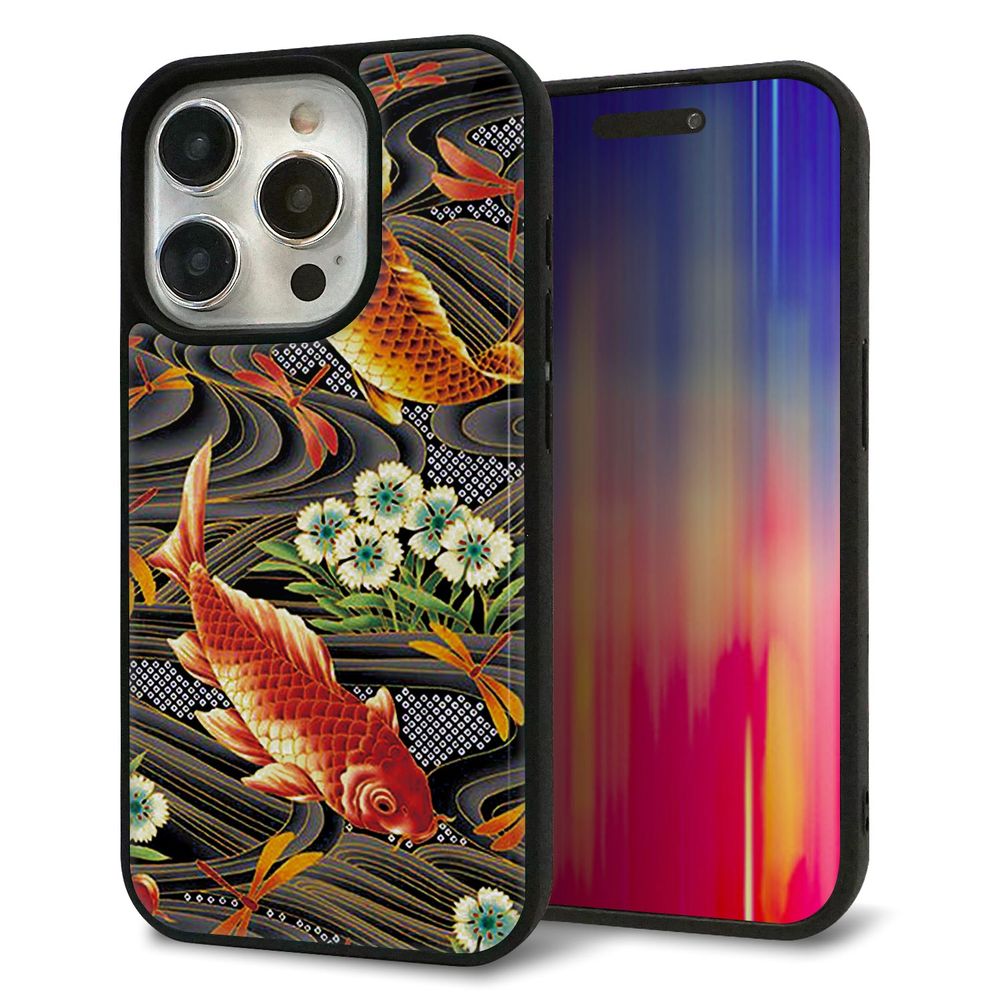 iPhone 15 Pro 強化ガラス＆TPUスマホケース ガラプリ【MA963 着物柄 鶴鯉 A】