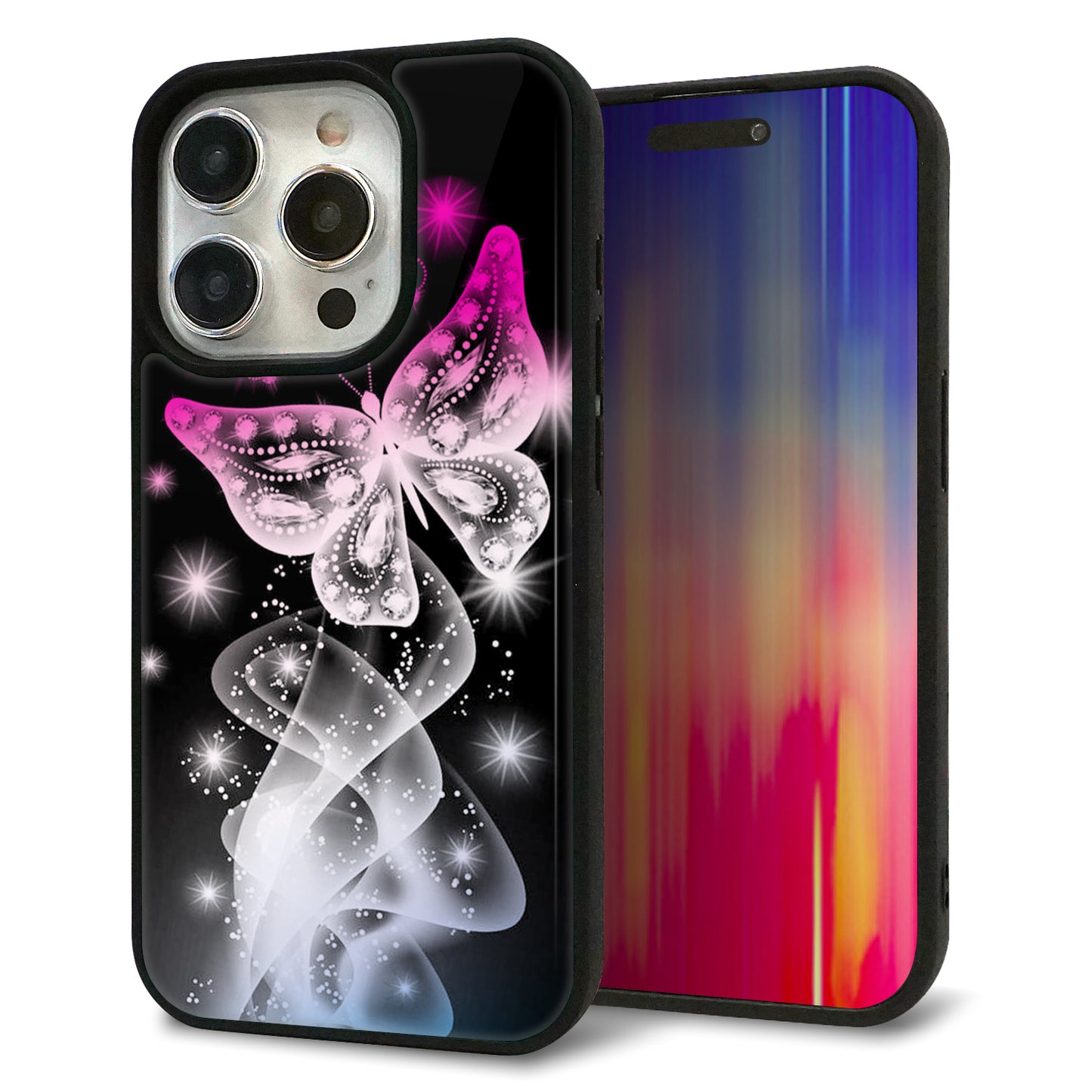 iPhone15 Pro 強化ガラス＆TPUスマホケース ガラプリ【MA989 蝶A】