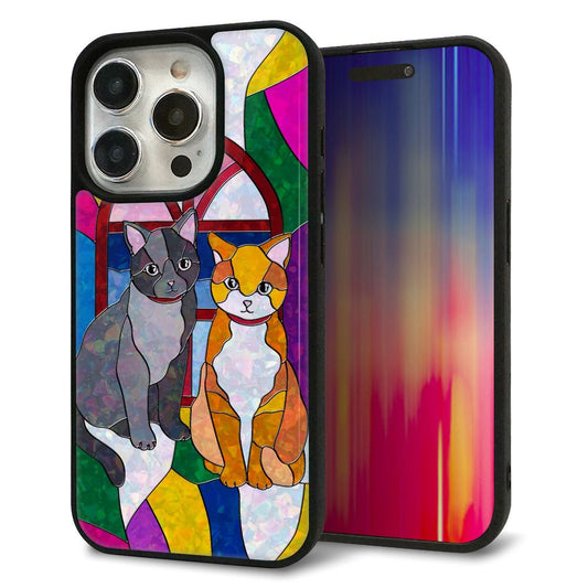 iPhone15 Pro 強化ガラス＆TPUスマホケース ガラプリ【MA995 ステンドグラス ネコ】