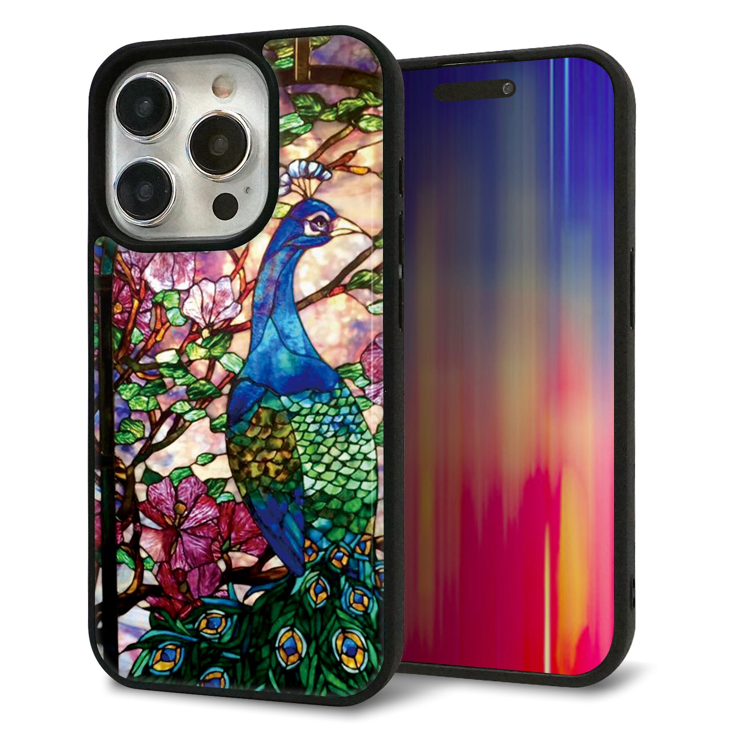 iPhone15 Pro 強化ガラス＆TPUスマホケース ガラプリ【MA996 ステンドグラス クジャク】