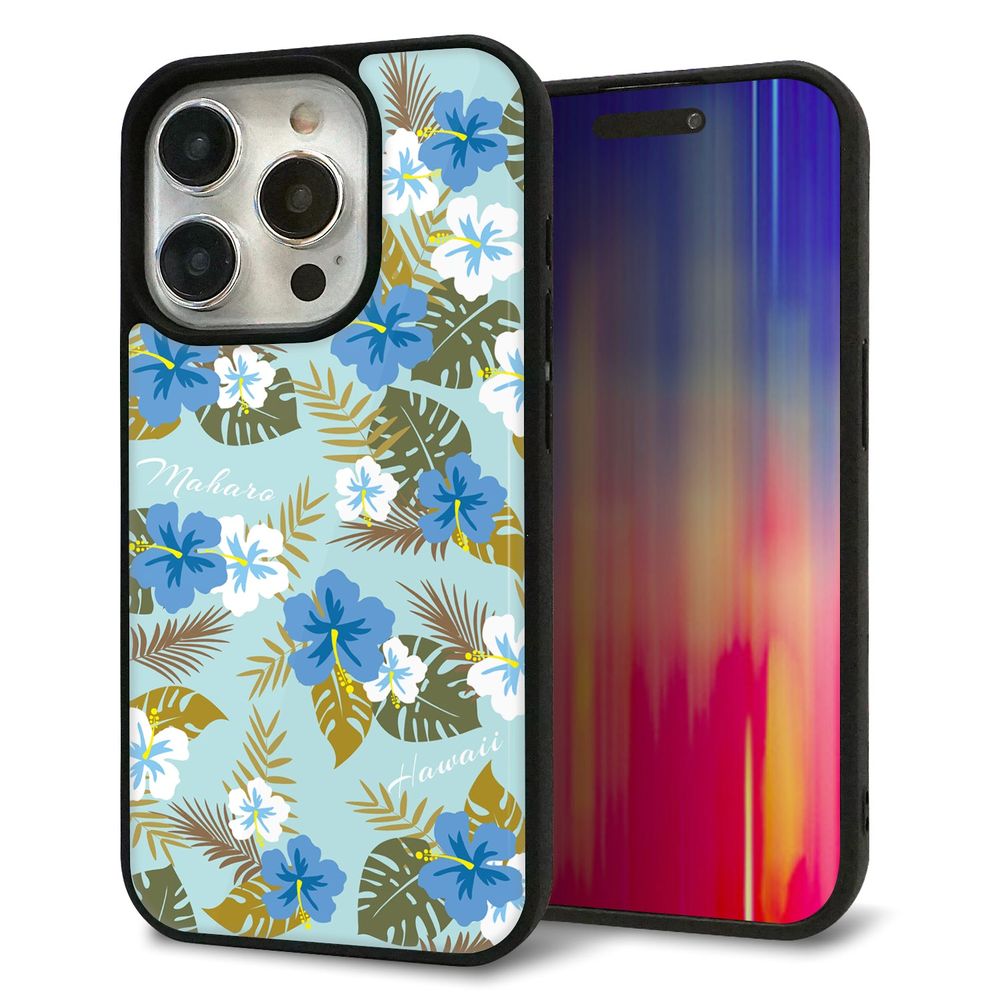 iPhone 15 Pro 強化ガラス＆TPUスマホケース ガラプリ【SC883 ハワイアンアロハレトロ（ブルー）】