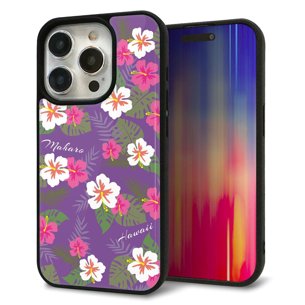 iPhone 15 Pro 強化ガラス＆TPUスマホケース ガラプリ【SC886 ハワイアンアロハレトロ（パープル）】