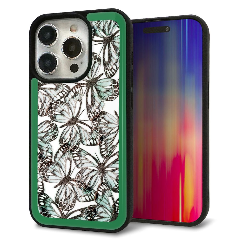 iPhone 15 Pro 強化ガラス＆TPUスマホケース ガラプリ【SC902 ガーデンバタフライ グリーン】