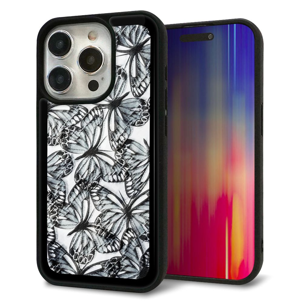 iPhone 15 Pro 強化ガラス＆TPUスマホケース ガラプリ【SC905 ガーデンバタフライ ブラック】