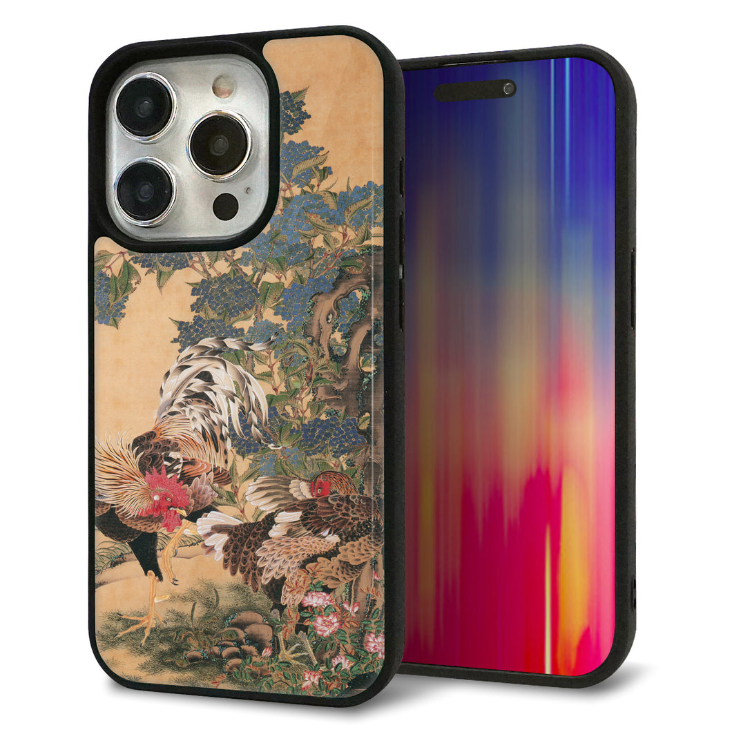 iPhone15 Pro 強化ガラス＆TPUスマホケース ガラプリ【TA006 紫陽花双鶏】