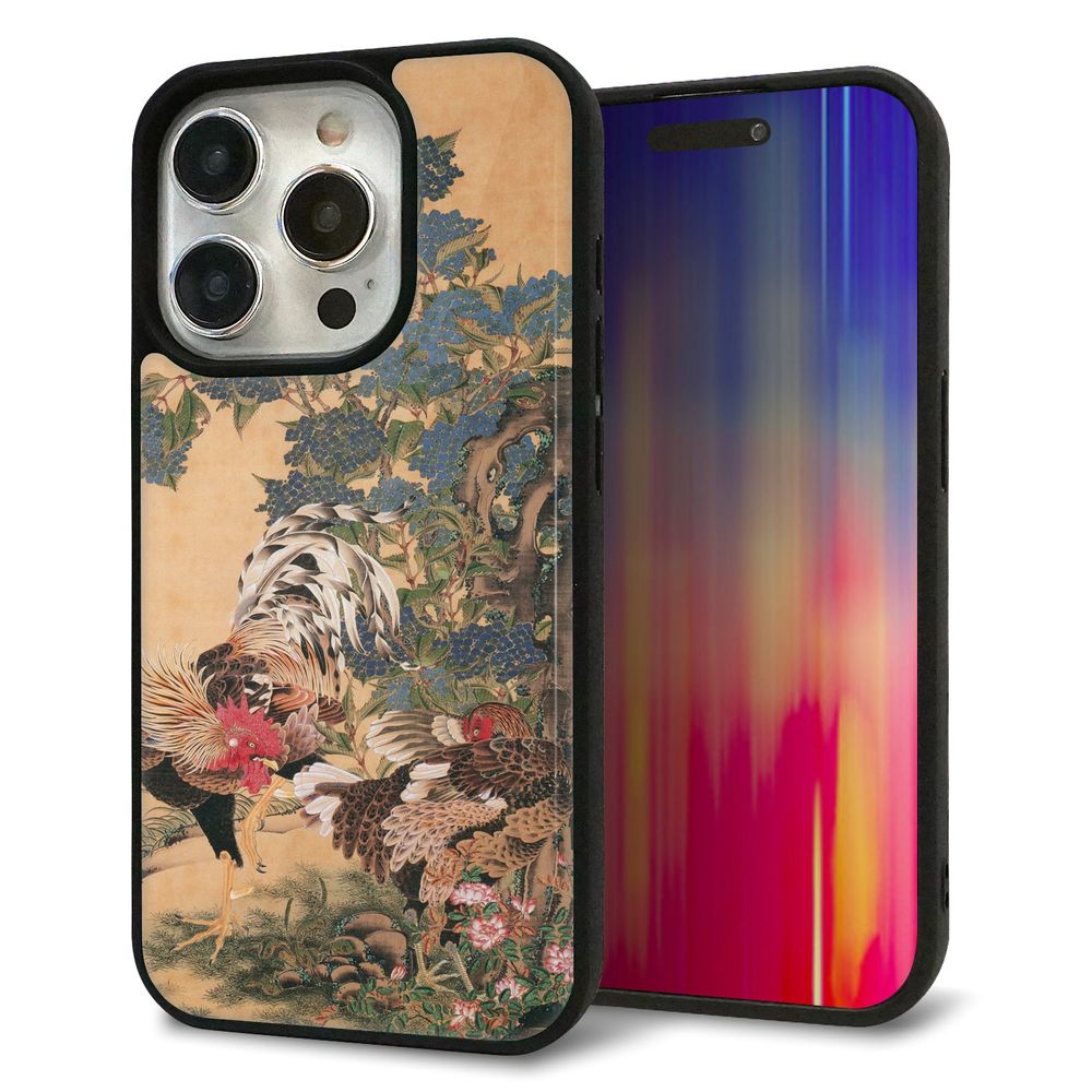 iPhone 15 Pro 強化ガラス＆TPUスマホケース ガラプリ【TA006 紫陽花双鶏】