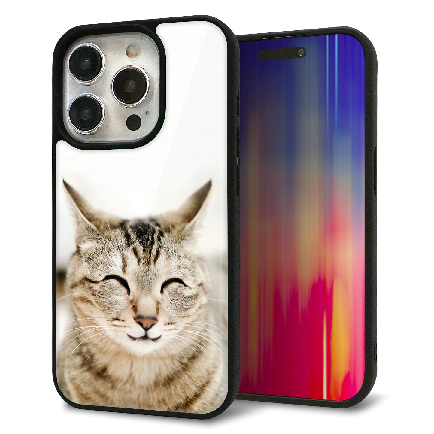 iPhone15 Pro 強化ガラス＆TPUスマホケース ガラプリ【VA801 笑福ねこ】