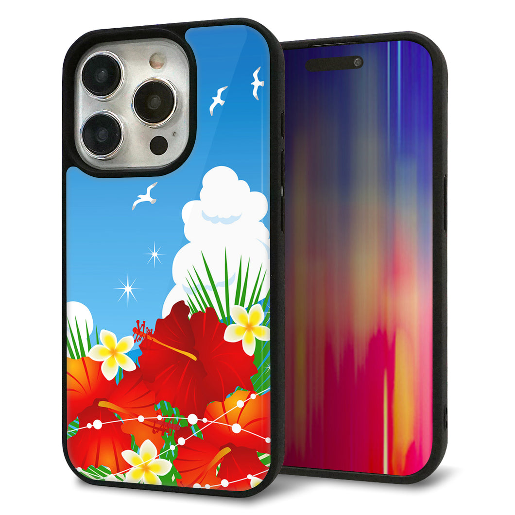 iPhone15 Pro 強化ガラス＆TPUスマホケース ガラプリ【VA821 ハイビスカスと青空】