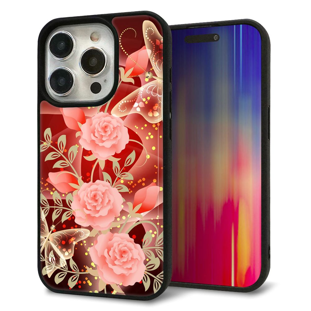 iPhone 15 Pro 強化ガラス＆TPUスマホケース ガラプリ【VA824 魅惑の蝶とピンクのバラ】