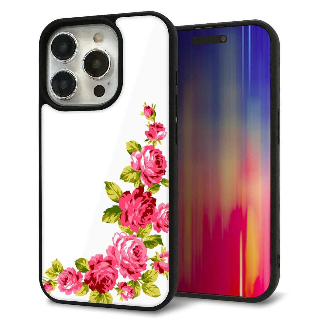 iPhone15 Pro 強化ガラス＆TPUスマホケース ガラプリ【VA825 バラのフレーム(白)】