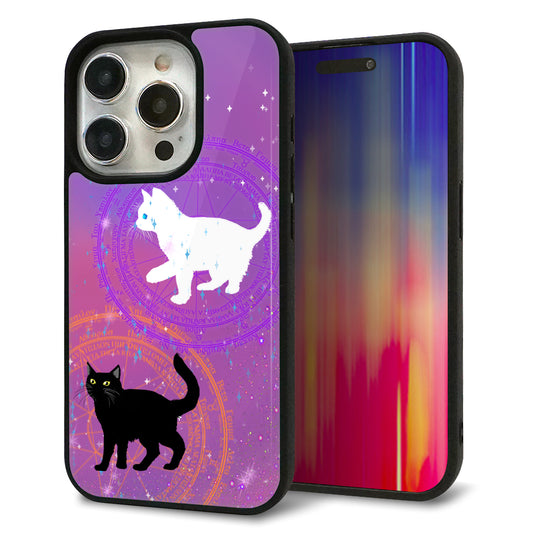 iPhone15 Pro 強化ガラス＆TPUスマホケース ガラプリ【YJ328 魔法陣猫 キラキラ かわいい ピンク】