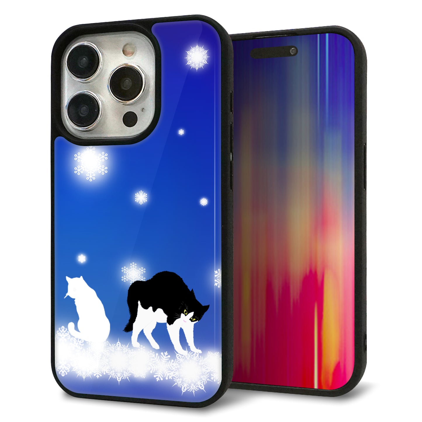 iPhone15 Pro 強化ガラス＆TPUスマホケース ガラプリ【YJ335 雪の結晶 はちわれ】