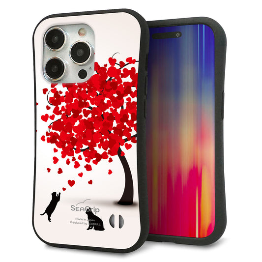 iPhone15 Pro スマホケース 「SEA Grip」 グリップケース Sライン 【EK915 二匹のネコとハートの木】 UV印刷