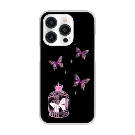 iPhone15 Pro 高画質仕上げ 背面印刷 ハードケースむかいあぐる 蝶の王冠鳥かご
