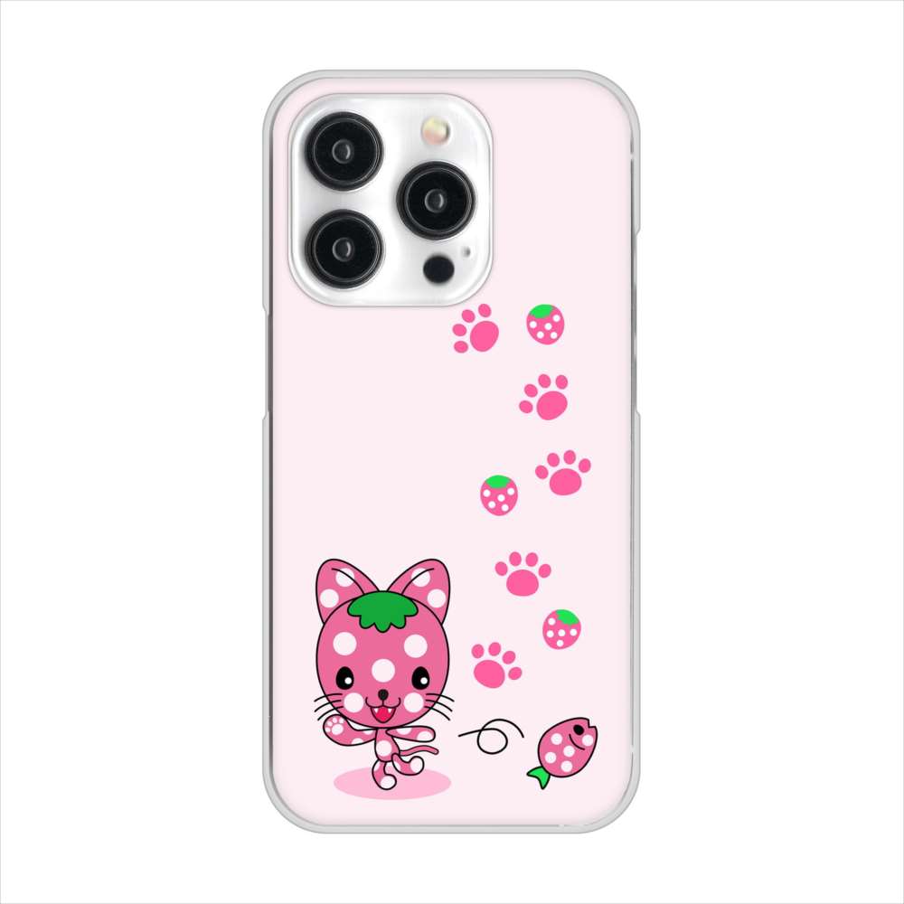 iPhone15 Pro 高画質仕上げ 背面印刷 ハードケースむかいあぐる イチゴ猫のにゃんベリー