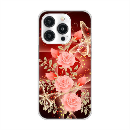 iPhone15 Pro 高画質仕上げ 背面印刷 ハードケース 【VA824 魅惑の蝶とピンクのバラ】
