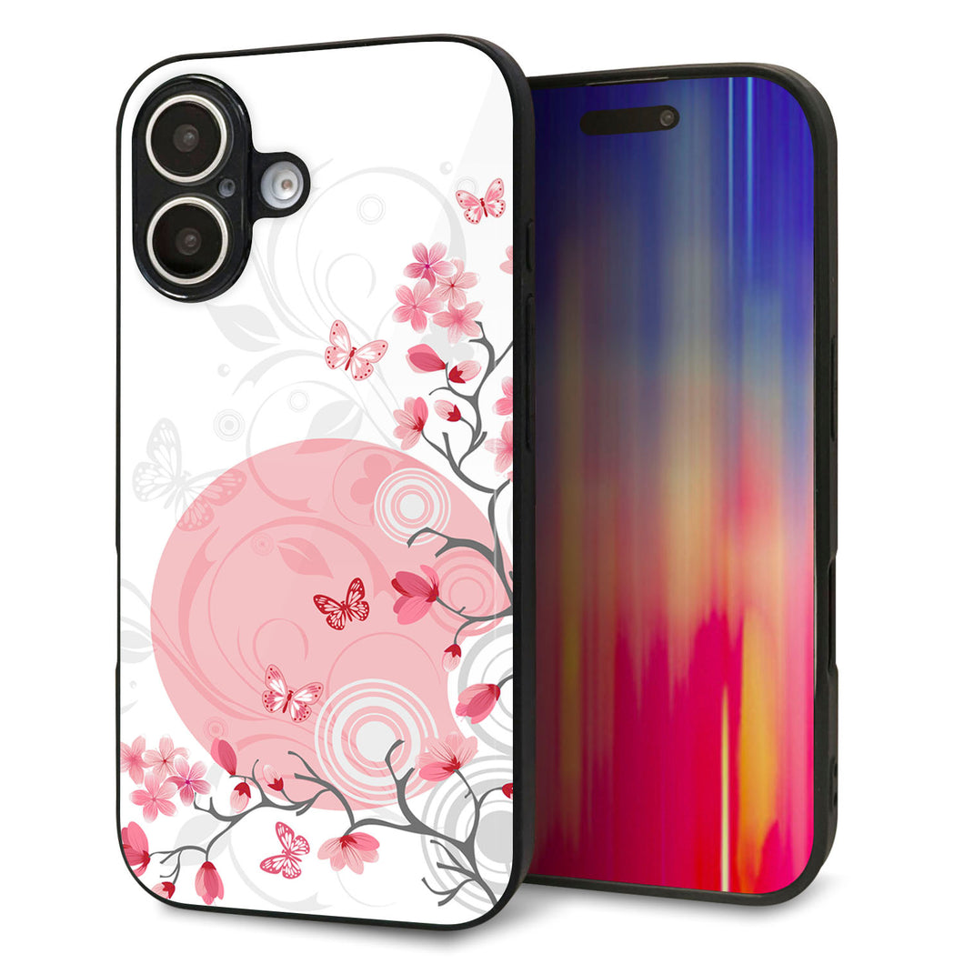 iPhone16 強化ガラス＆TPUスマホケース ガラプリ【030 花と蝶（うす桃色）】