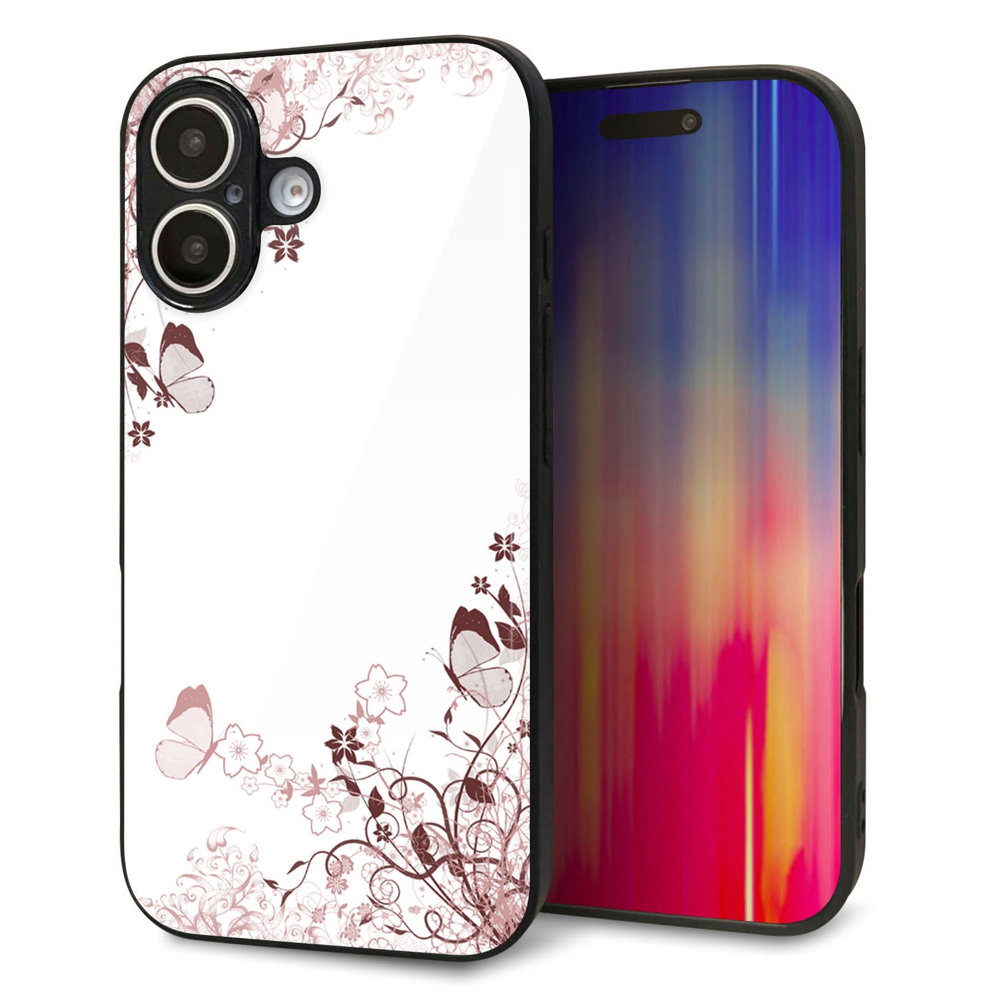 iPhone16 強化ガラス＆TPUスマホケース ガラプリ【142 桔梗と桜と蝶】