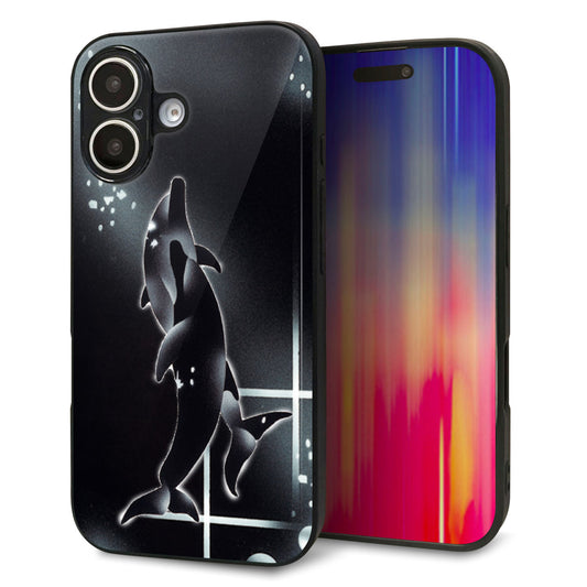 iPhone16 強化ガラス＆TPUスマホケース ガラプリ【158 ブラックドルフィン】