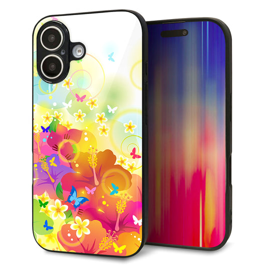 iPhone16 強化ガラス＆TPUスマホケース ガラプリ【647 ハイビスカスと蝶】