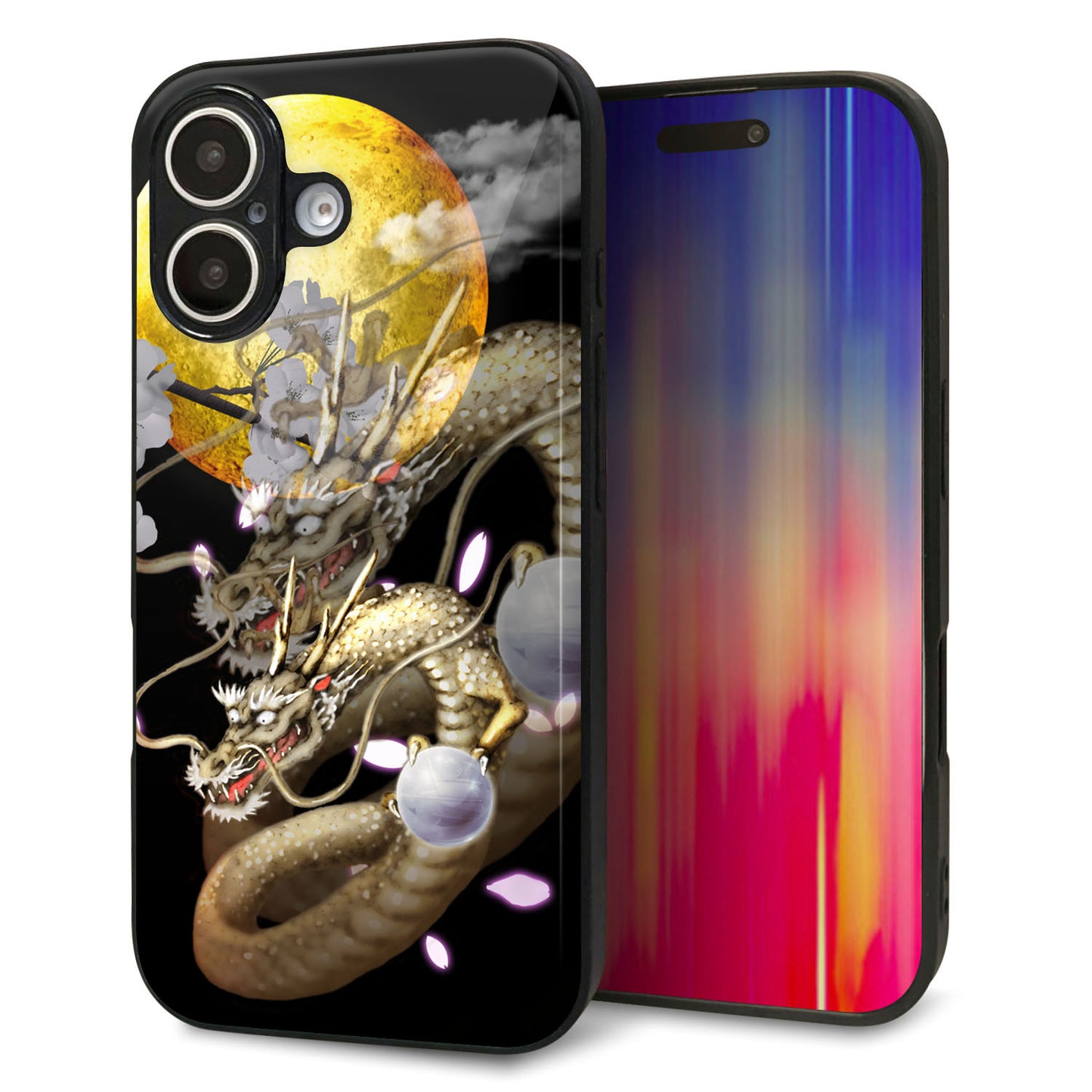 iPhone16 強化ガラス＆TPUスマホケース ガラプリ【1003 月と龍】