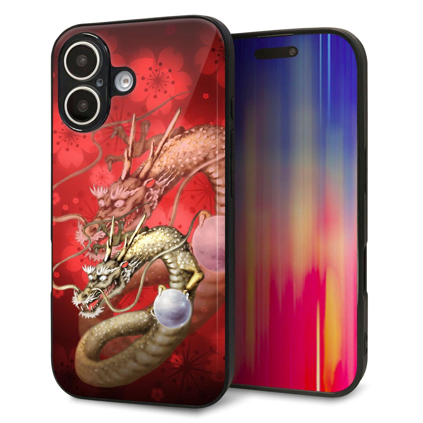 iPhone16 強化ガラス＆TPUスマホケース ガラプリ【1004 桜と龍】