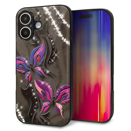 iPhone16 強化ガラス＆TPUスマホケース ガラプリ【1164 キラめくストーンと蝶】