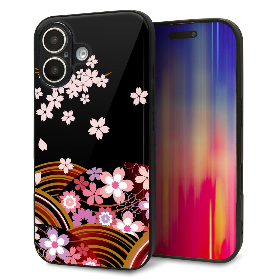 iPhone16 強化ガラス＆TPUスマホケース ガラプリ【1237 和柄＆筆文字・夜桜の宴】