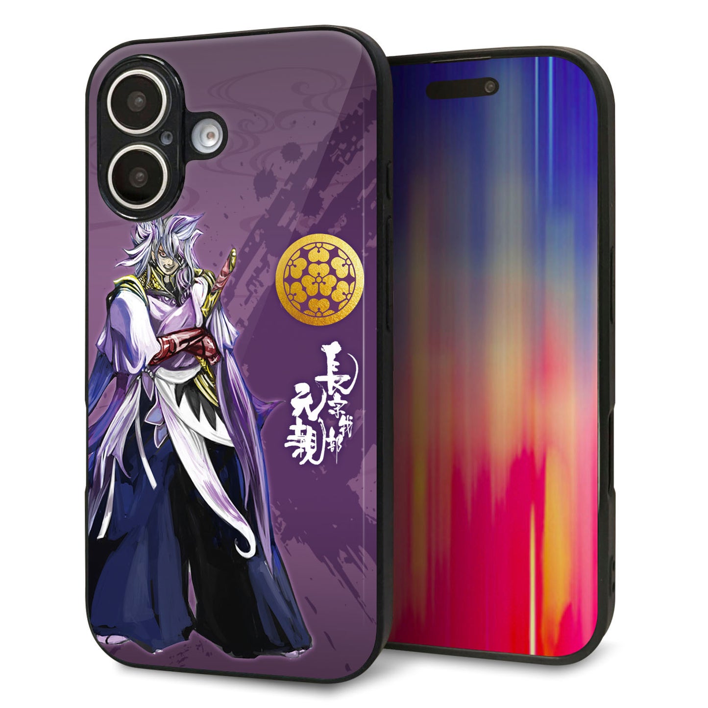 iPhone16 強化ガラス＆TPUスマホケース ガラプリ【AB805 長宗我部 元親 イラストと家紋】