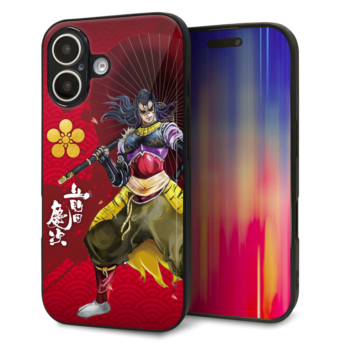 iPhone16 強化ガラス＆TPUスマホケース ガラプリ【AB806 前田慶次 イラストと家紋】