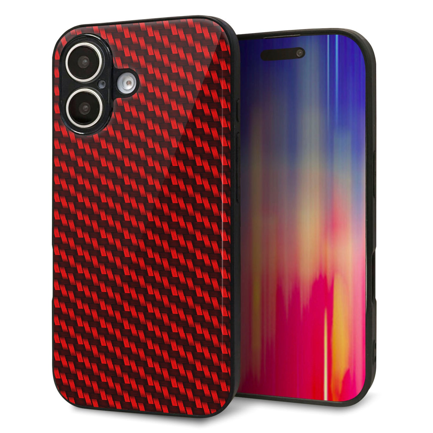 iPhone16 強化ガラス＆TPUスマホケース ガラプリ【EK906 レッドカーボン】