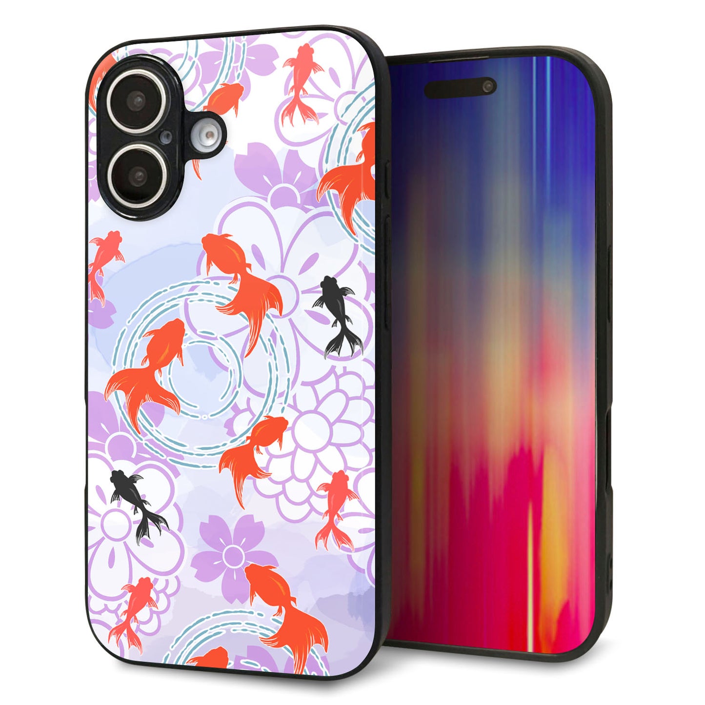 iPhone16 強化ガラス＆TPUスマホケース ガラプリ【HA214 金魚 花柄 パープル】